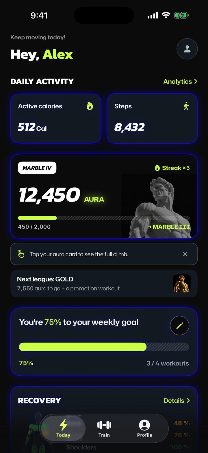 EGON home screen — aura card and weekly goal