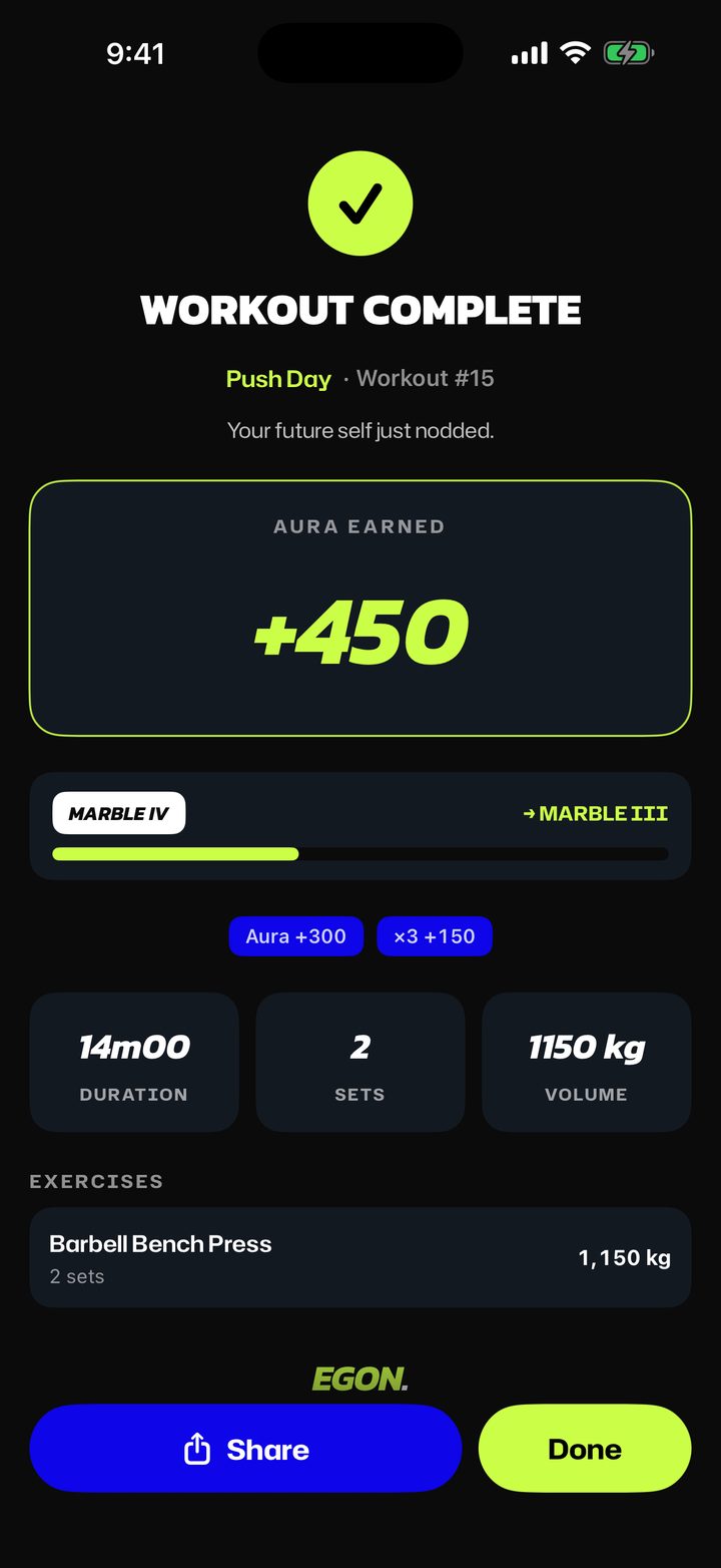 EGON — workout recap, aura earned