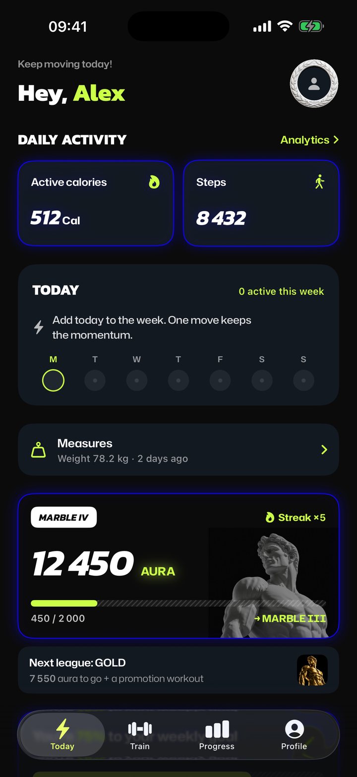 EGON home screen — aura card, streak and daily activity