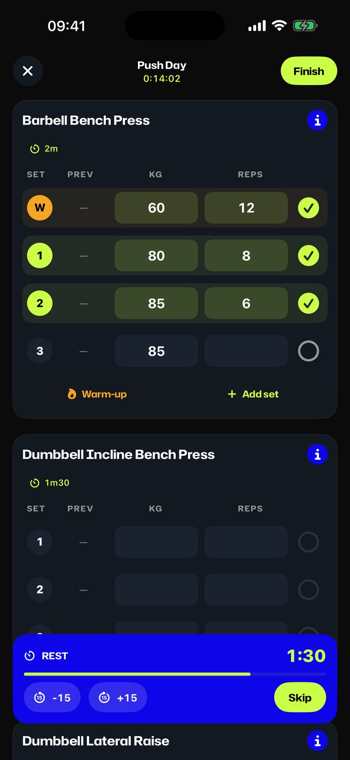 EGON — logging a workout, sets, reps and rest timer